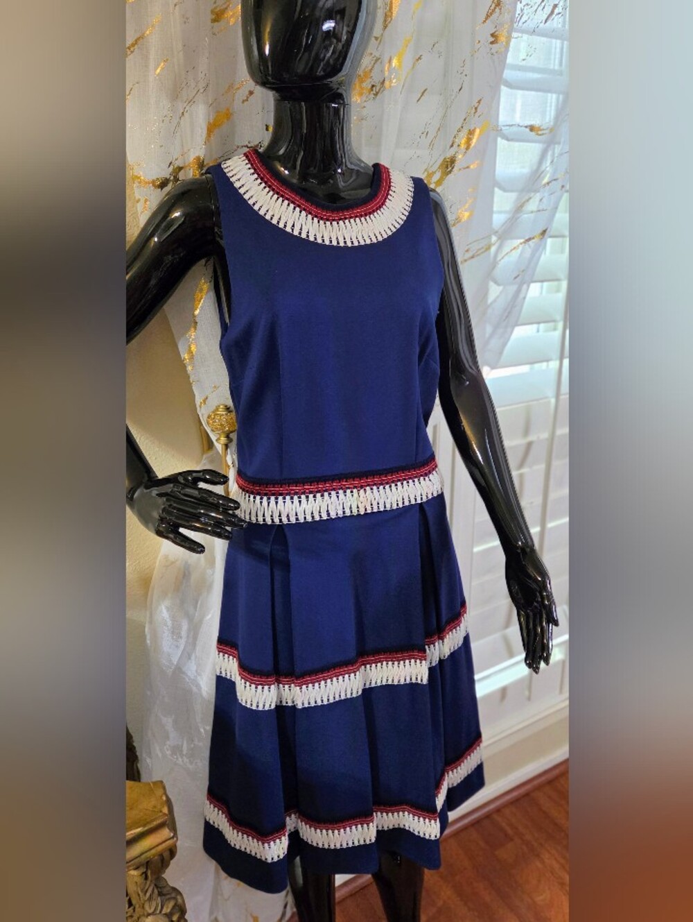 JustFab Navy Midi Dress with Red & White Trim, SIZE MED